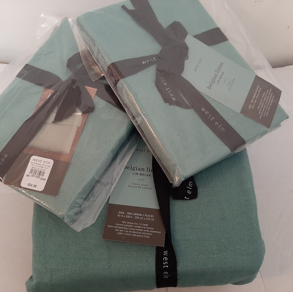 West Elm KING Belgian Flax Linen Duvet Cover & 2 KING shams Peacock - Picture 2 of 12
